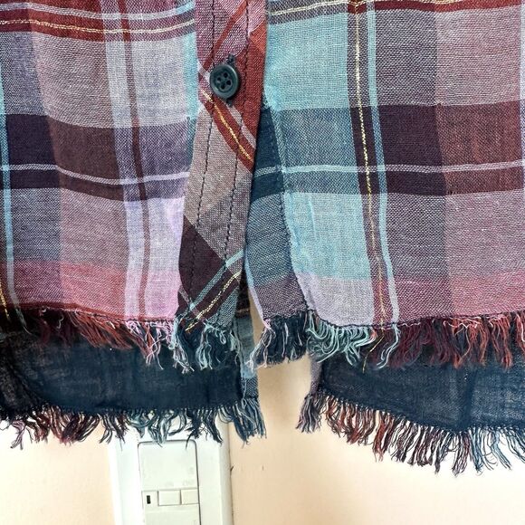 Beach Lunch Lounge Shirt Womens Large Plaid Long Sleeve Fringe, Back Slit Grunge - Picture 5 of 8